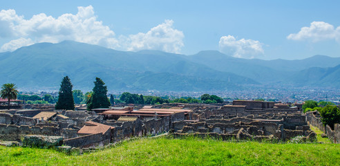 aerial view of pompeii ruins near italian naples.