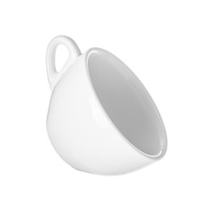 Sticker - White coffee cup falling through the air on an isolated white ba