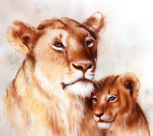 Lion Mother And Cub Painting On Paper. Old Vintage Style