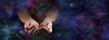 Our Abundant Universe - Male Hands Emerging From A Wide Dark Deep Space Background Gesturing With Cupped Hands