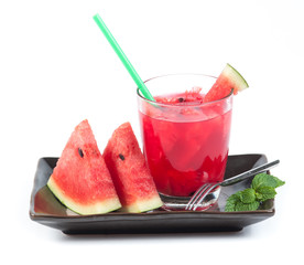 Wall Mural - Watermelon juice in a glass on a white background