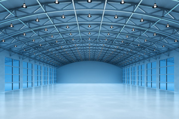 Interior of an empty warehouse building, modern storehouse office in blue light