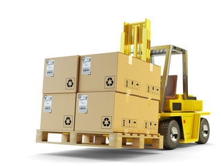 Wall Mural - Warehouse logistics, packages shipment, delivery and loading concept, forklift truck lift up pallet with cardboard boxes isolated on white background