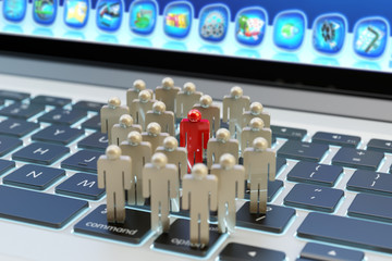 Poster - Internet social media network community and business marketing and targeting concept, group of people and one man selected on computer laptop keyboard