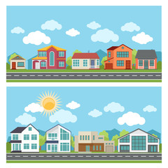 Wall Mural - Vector banners with cottage houses in flat design style