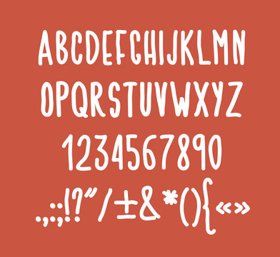 Type letters, numbers and punctuation marks Hand drawin alphabet