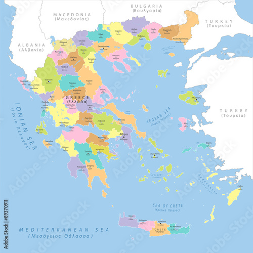 Fotografía Highly detailed political map of Greece, vector.
