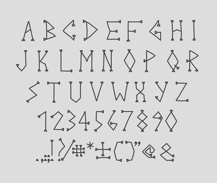 Type letters, numbers and punctuation marks Hand drawin alphabet