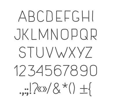 Type letters, numbers and punctuation marks Hand drawin alphabet