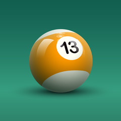 Canvas Print - Striped orange and white color vector billiard ball number 13 on green table