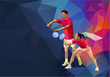 Badminton players mixed doubles team, man and woman start badminton game, vector badminton serve