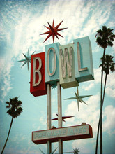 Aged And Worn Vintage Photo Of Retro Neon Bowling Alley Sign