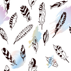 Wall Mural - Seamless pattern with feathers and bright artistic stains