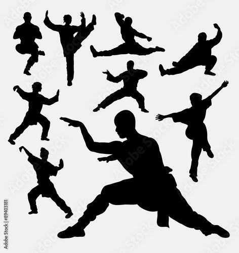 Fotografia Wushu male and female martial art silhouettes