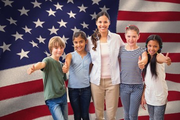 Poster - Composite image of cute pupils and teacher smiling at camera 