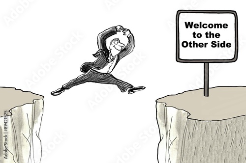 Fotografie, Obraz Business cartoon showing businessman with smiling face jumping from one cliff to another cliff