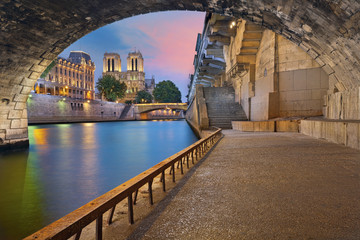 Wall Mural - Paris. Image of the Notre-Dame Cathedral and riverside of Seine river in Paris, France.