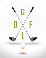 Golf background - game time. Two crossed golf clubs, ball