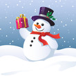 Snowman in a top hat holding a gift box