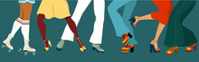 Legs Of A Group Of People Dressed In 1970s Fashion Dancing Disco, Vector Illustration, No Transparencies, EPS 8