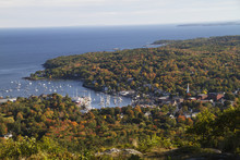 View Of Camden With Fall Colors From Mount Battie.coastal Maine