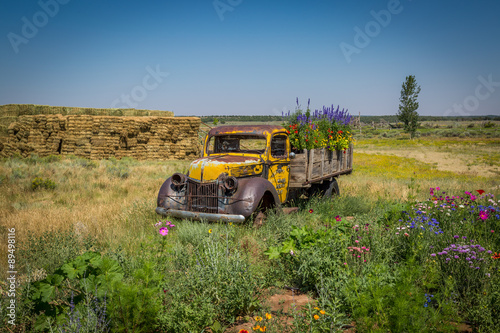 Naklejka - mata magnetyczna na lodówkę Old Truck in a flowery meadow