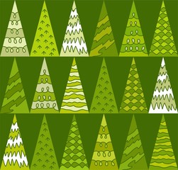 Spruce, trees, green, Christmas, triangles, geometric, green background, seamless. 