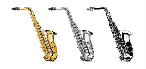 vector illustration saxophone isolated object on a white background, three kinds of golden, saxophon