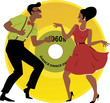 © aleutie - Stylish couple dressed in early 1960s fashion dancing the twist, vinyl record on the background, EPS 8