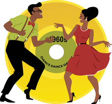 Stylish Couple Dressed In Early 1960s Fashion Dancing The Twist, Vinyl Record On The Background, EPS 8