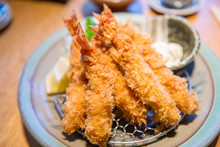 Japanese Cuisine - Tempura Shrimps (Deep Fried Shrimps) With Veg