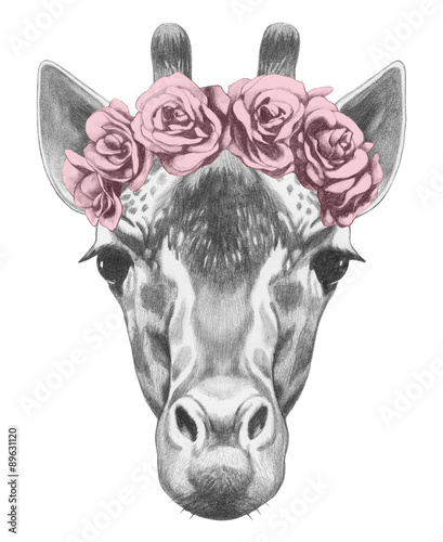 Foto-Lamellenvorhang - Portrait of Giraffe with floral head wreath. Hand drawn illustration. (von Victoria Novak)