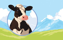 Label With A Cow On A Background Of Nature