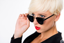 Successful Beautiful Young Woman With Red Lips And Sunglasses
