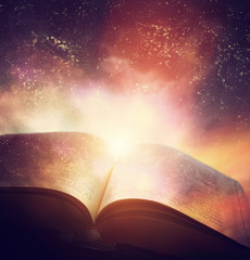Wall Mural - Open old book merged with magic galaxy sky, stars. Literature, horoscope