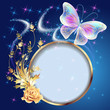 Transparent  butterfly with golden ornament, frame and  firework