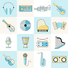 Wall Mural - Musical instruments flat line set