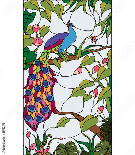 Naklejka na kafelki Peacock in the garden with flowers, stained glass window, vector