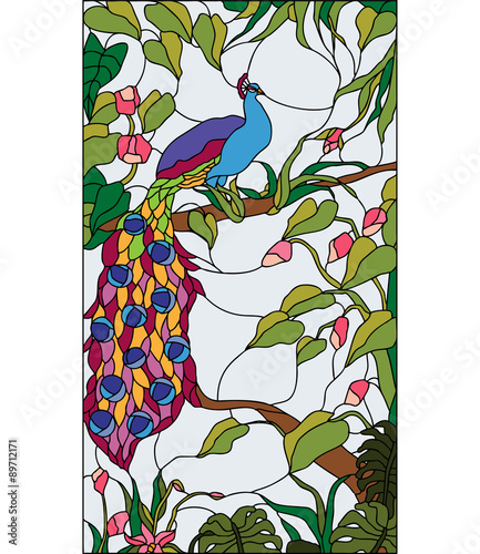 Nowoczesny obraz na płótnie Peacock in the garden with flowers, stained glass window, vector