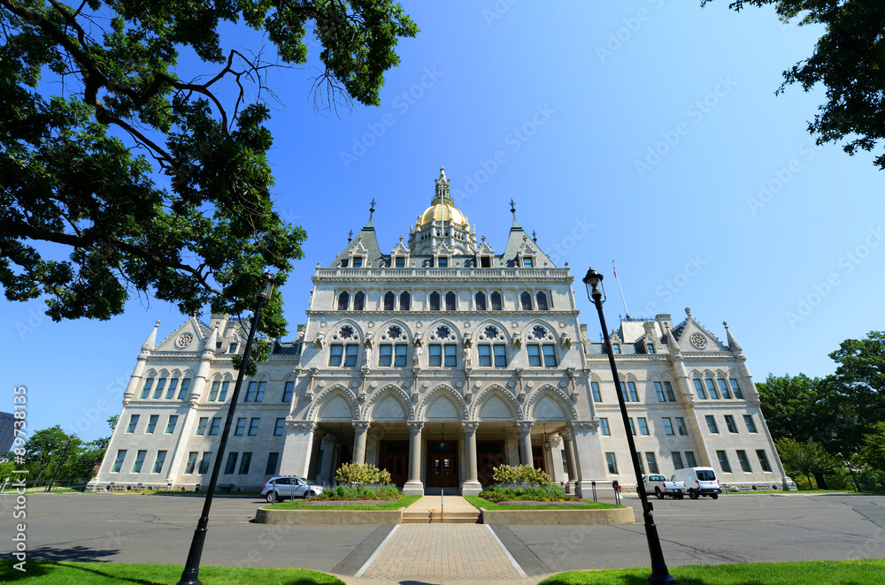Connecticut State Capitol, Hartford, Connecticut, USA. This building was designed by Richard Upjohn with Victorian Gothic Revival style in 1872.