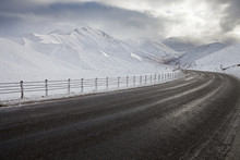 Empty Mountain Road On A Cloudy Winter Day. South Island, New Zealand