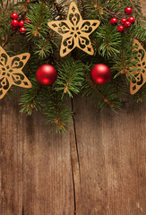 Wall Mural - Christmas decoration on wooden plank.