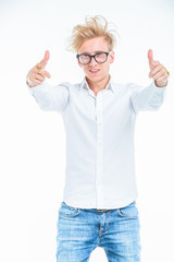 Poster - Blonde young man pointing to the camera.