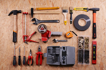 Wall Mural - Set of tools on plywood, top view