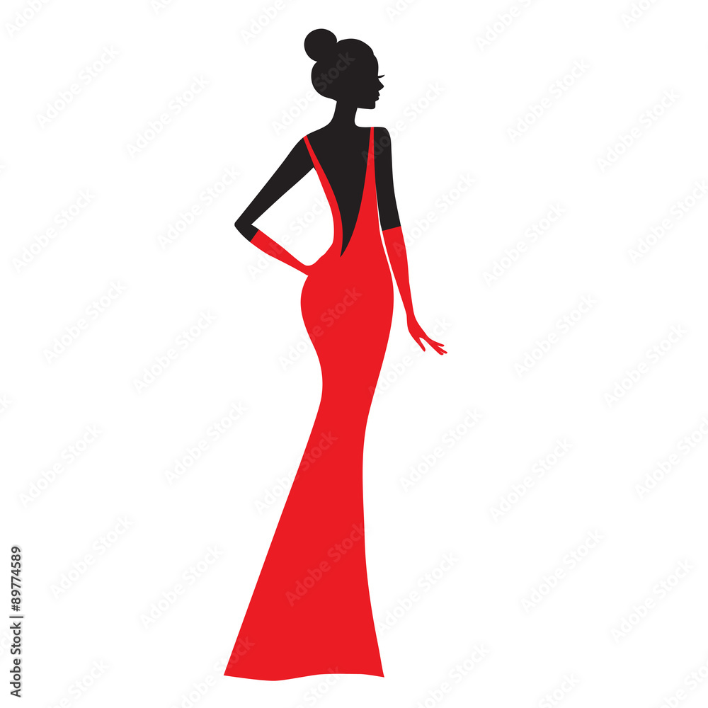 Fashion model. Silhouette of beautiful woman in red dress vector ...
