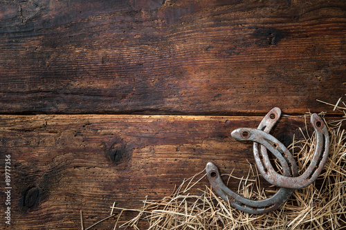 Cuadros en Lienzo Two old rusty horseshoes with straw on vintage wooden board