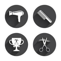 Poster - Hairdresser icons. Scissors cut hair symbol.