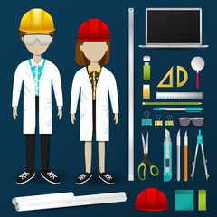 Lab engineering scientist or technician operator uniform clothing tool icon set with layout design isolated background for male and female profession (vector)
