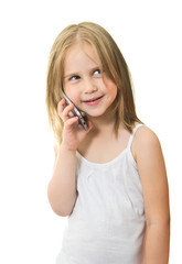 Beautiful Little Girl  Speaks on the Mobile Phone Isolated on Wh