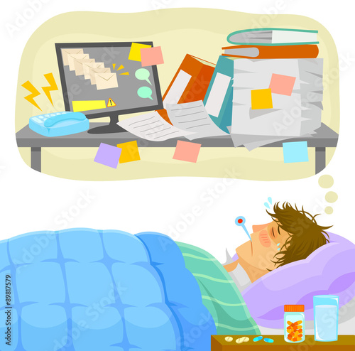 Fotografia sick man lying in bed and thinking about all the work that piles up on his desk